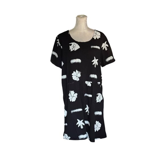 Vintage 90's Black with White Fish Print Stretchy Cotton Maxi Dress size Large - Picture 11 of 13